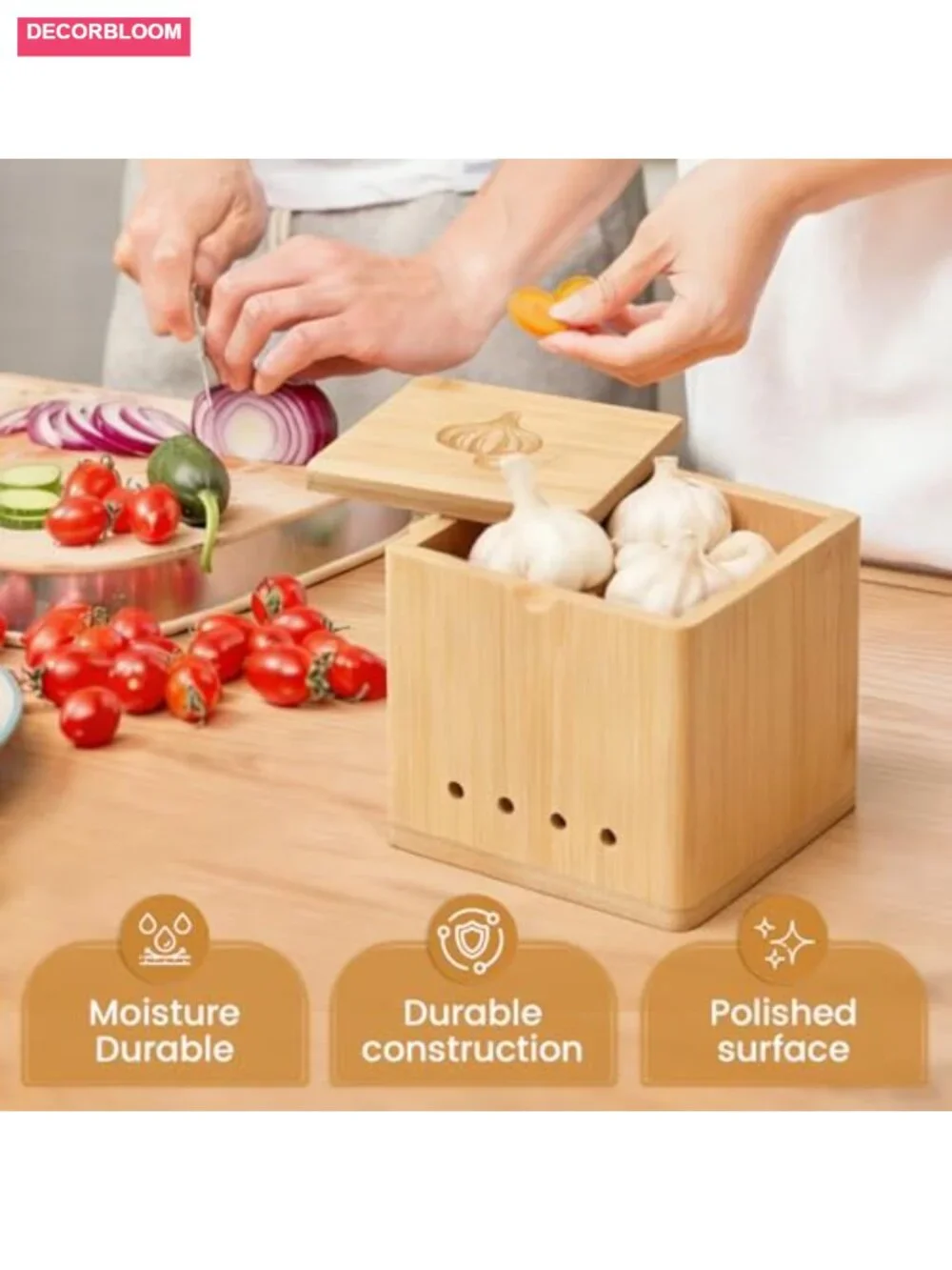 Bamboo Garlic Keeper Large Counter Storage with Lid